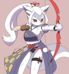  1girl animal_ears black_panties bow_(weapon) brown_gloves brown_skirt closed_mouth commentary_request cowboy_shot frown furry furry_female gloves grey_skirt hair_ribbon hakurou_(onmyoji) high_ponytail holding holding_bow_(weapon) holding_weapon lets0020 looking_at_viewer muneate onmyoji panties pink_ribbon pleated_skirt red_eyes ribbon shirt short_sleeves simple_background skirt solo tail underwear v-shaped_eyebrows weapon white_hair white_shirt wolf_ears wolf_girl wolf_tail 