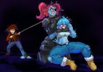  absurd_res angry anthro armor asphyxiation avian bird chokehold choking clothing clover_(undertale_yellow) duo female fight fish hair hi_res human long_hair male mammal marine martlet_(undertale_yellow) navel red_hair rope thedarkzircon thick_thighs torn_clothing undertale_(series) undertale_yellow undyne 