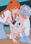  2girls absurdres arm_sling ayanami_rei bandaged_arm bandaged_head bandages blue_eyes blue_skirt blush classroom commentary desk english_commentary hand_on_another&#039;s_neck highres indoors interface_headset kiss kkbardd long_hair looking_at_another multiple_girls neck_ribbon neon_genesis_evangelion orange_hair red_ribbon ribbon school_desk school_uniform shirt short_sleeves skirt souryuu_asuka_langley suspender_skirt suspenders sweat tokyo-3_middle_school_uniform white_shirt yuri 