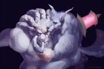 anthro canid canine canis duo ear_piercing eye_patch eyewear felid holding_face league_of_legends licking lion male male/male mammal muscular nude pantherine piercing ransomone rengar_(lol) riot_games sitting_on_another tencent tongue warwick_(lol) wolf