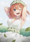  1girl ;d absurdres armpits blue_eyes blurry blurry_background breasts choker cleavage commentary_request dated dress frilled_choker frills go-toubun_no_hanayome head_wreath highres looking_at_viewer medium_breasts nakano_yotsuba one_eye_closed open_mouth orange_hair raiz_art_works short_hair signature sleeveless sleeveless_dress smile solo teeth upper_teeth_only wedding_dress white_choker white_dress 