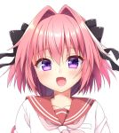  :d aichi_shiho astolfo_(fate) bangs black_bow black_ribbon blush bow braid breast_pocket collarbone commentary_request eyebrows_visible_through_hair face fang fate/apocrypha fate_(series) hair_between_eyes hair_bow hair_intakes hair_ribbon long_hair looking_at_viewer male_focus multicolored_hair neckerchief open_mouth otoko_no_ko pink_hair pink_neckwear pocket portrait purple_eyes red_sailor_collar ribbon sailor_collar school_uniform serafuku shiny shiny_hair sidelocks simple_background single_braid smile solo streaked_hair white_background white_hair 