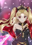  absurdres blonde_hair breasts cape choker cleavage diadem earrings ereshkigal_(fate/grand_order) eyebrows_visible_through_hair fate/grand_order fate_(series) gold_trim hair_ribbon highres jewelry long_hair looking_at_viewer medium_breasts nail_polish parted_lips red_cape red_eyes red_nails red_ribbon ribbon sleeveless solo striped takubon_(xewh4773) two_side_up upper_body very_long_hair 