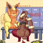 2024 anus balls big_butt black_sclera bodily_fluids butt calem_(tcflsfm) clothing clothing_on_floor cum digital_media_(artwork) duo eeveelution ejaculation english_text flareon generation_1_pokemon generation_4_pokemon generation_6_pokemon genital_fluids genitals glans hand_on_penis hands_behind_head hi_res legwear locker_room lopunny male male/male masturbation mega_evolution mega_lopunny mintyspirit nintendo noe_(tcflsfm) penis pokemon pokemon_(species) red_eyes sitting stockings tail tail_motion tailwag text thick_thighs wide_hips