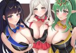  3girls absurdres alternate_costume animal_ears asymmetrical_docking black_hair blue_bow blue_bowtie bow bowtie breast_press breasts bunny_garden cleavage cosplay detached_collar fire_emblem fire_emblem_awakening green_hair grey_eyes hairband highres kana_(bunny_garden) kana_(bunny_garden)_(cosplay) large_breasts looking_at_viewer miuka_(bunny_garden) miuka_(bunny_garden)_(cosplay) multiple_girls playboy_bunny pointy_ears rabbit_ears red_bow red_bowtie rin_(bunny_garden) rin_(bunny_garden)_(cosplay) robin_(fire_emblem) tara_(szzj7733) tharja_(fire_emblem) tiara tiki_(fire_emblem) twintails white_hair yellow_bow yellow_bowtie 