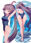  1girl ainy arm_behind_head arm_up armpits ass blue_eyes blue_one-piece_swimsuit breasts brown_hair closed_eyes commentary_request from_behind highres long_hair medium_breasts multicolored_hair multiple_views one-piece_swimsuit original ponytail pool standing stretching swimsuit two-tone_hair water wet 