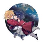  1boy 1girl athrun_zala blonde_hair blue_hair blush boots cagalli_yula_athha chibi chibi_only couple earth_(planet) floating green_eyes gundam gundam_seed gundam_seed_destiny gundam_seed_freedom hetero hug jacket kkomcce looking_at_another military military_uniform pants planet red_jacket red_uniform shoes short_hair sneakers sweatdrop uniform white_background yellow_eyes zaft_uniform 