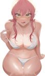  1girl :q absurdres bikini breasts collarbone commentary_request fb_(habin) feet_out_of_frame highres idolmaster idolmaster_cinderella_girls invisible_chair jougasaki_mika large_breasts looking_at_viewer navel pink_hair simple_background sitting solo stomach string_bikini swimsuit tongue tongue_out wet_bikini white_background white_bikini yellow_eyes 