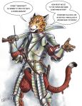  0laffson 5_fingers anthro armor biped codpiece dialogue english_text enorach_(0laffson) fangs felid fingers fur hi_res holding_melee_weapon holding_object holding_sword holding_weapon male mammal melee_weapon solo speech_bubble sword tail teeth text weapon 