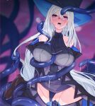  1girl arknights ascot bare_shoulders black_ascot black_hat black_panties breasts brown_footwear clothing_aside commentary_request hat highres large_breasts long_hair looking_up open_mouth panties panties_aside red_eyes restrained skadi_(arknights) solo tentacle_sex tentacles tsume3mai underwear vaginal white_hair 