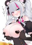  1girl absurdres animal_ears black_bow black_dress blue_eyes blush bow commentary commentary_request covered_nipples dress eyebrows_hidden_by_hair fake_animal_ears fang food girls&#039;_frontline girls&#039;_frontline_neural_cloud grey_hair hair_bow heterochromia highres kuro_(darknet_limited_edition)_(neural_cloud) kuro_(neural_cloud) large_areolae long_hair looking_at_viewer maid_headdress mdr_(girls&#039;_frontline) multicolored_hair official_alternate_costume ohichi16 omelet omurice open_mouth pink_eyes pink_hair puffy_nipples simple_background skin_fang solo streaked_hair sweatdrop translation_request twintails upper_body white_background white_headdress 