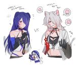  2girls 9_(hcl9fg) acheron_(honkai:_star_rail) animal_ears bare_shoulders bell black_collar black_gloves black_shorts black_swan_(honkai:_star_rail) body_markings breasts bright_pupils chibi cleavage coat collar colored_extremities commentary detached_sleeves dog_ears droopy_ears dual_persona food fruit gloves hair_over_one_eye halterneck heart heart_in_mouth highres holding_own_leash honkai:_star_rail honkai_(series) large_breasts long_hair looking_at_viewer midriff motion_lines multicolored_hair multiple_girls navel neck_bell open_mouth peach pointing pointing_at_another purple_eyes purple_hair purple_sleeves purple_veil red_eyes shorts simple_background single_wide_sleeve spoken_food streaked_hair tears translation_request white_background white_coat white_hair white_pupils 