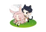  2boys :&lt; animal_ears antenna_hair black_eyes black_hair brushing_another&#039;s_hair brushing_hair capelet chibi chibi_only closed_eyes closed_mouth colored_eyelashes commentary_request cup english_text gold_trim hatsutori_hajime holding holding_cup korean_commentary long_hair long_sleeves maemak male_focus multiple_boys no_mouth panties pants pink_hair rabbit_boy rabbit_ears red_panties saibou_shinkyoku shared_thought_bubble shirt short_hair sitting thought_bubble underwear utsugi_noriyuki white_capelet white_pants white_shirt 