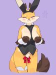  2024 anthro blush breasts bunny_ears_(gesture) canid canine clothed clothing covering covering_breasts covering_self eyes_closed female fox front_view fur gesture hi_res kame_3 mammal no_bra orange_body orange_fur orange_tail partially_clothed simple_background solo standing tail 