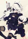  1boy 1girl 2b_(nier:automata) 9s_(nier:automata) black_blindfold black_hairband black_thighhighs blindfold boots breasts cleavage cleavage_cutout clinging clothing_cutout covered_eyes hairband holding holding_sword holding_weapon hug hug_from_behind malt_40 mole mole_under_mouth nier:automata nier_(series) pod_(nier:automata) short_hair small_breasts sword thighhighs weapon white_hair 