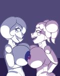  2018 animatronic areola baby_(fnafsl) balloon_boy_(fnaf) big_breasts blue_eyes breasts butt duo female five_nights_at_freddy&#039;s five_nights_at_freddy&#039;s_2 freepancakes green_eyes hand_on_hip hi_res humanoid machine nipples not_furry robot simple_background sister_location smile standing teeth video_games 