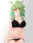  1girl absurdres antlers black_bra black_panties blush bra braid braided_bangs breasts ceres_fauna cowboy_shot drey525 earrings flower green_hair green_nails hair_flower hair_ornament highres hololive hololive_english horns jewelry large_breasts long_hair looking_at_viewer mole mole_under_eye navel open_mouth panties panty_pull solo underwear virtual_youtuber white_background yellow_eyes 