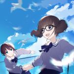  2girls bird blue_bow blue_bowtie blue_eyes blue_shirt blue_skirt blue_sky blush bow bowtie brown_hair chinese_commentary cloud commentary_request day girls_band_cry glasses highres hina_(girls_band_cry) holding_hands iseri_nina long_sleeves low_twintails multiple_girls open_mouth outdoors sailor_collar school_uniform serafuku shirt short_hair short_twintails skirt sky teeth twintails upper_teeth_only white_sailor_collar yun_cao_bing 