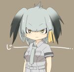  1girl belt black_hair breasts brown_background closed_mouth collared_shirt commentary_request cowboy_shot expressionless grey_belt grey_hair grey_necktie grey_shirt grey_shorts hair_between_eyes kemono_friends lets0020 long_hair looking_at_viewer medium_breasts multicolored_hair necktie orange_hair shirt shoebill_(kemono_friends) short_sleeves shorts simple_background solo v-shaped_eyebrows yellow_eyes 