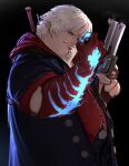  1boy absurdres belt belt_buckle blue_coat blue_eyes blue_rose_(gun) buckle cleft_chin coat cosplay devil_bringer devil_may_cry_(series) devil_may_cry_4 family_guy fat fat_man gun highres holding holding_gun holding_weapon kowai_(iamkowai) looking_at_viewer male_focus nero_(devil_may_cry) nero_(devil_may_cry)_(cosplay) peter_griffin red_queen_(sword) red_shirt revolver shirt short_hair short_sleeves solo sword sword_on_back weapon weapon_on_back white_hair 