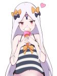  abigail_williams_(fate/grand_order) absurdres bangs bare_arms bare_shoulders black_bow blush bow camisole double_scoop eyebrows_visible_through_hair fate/grand_order fate_(series) food forehead groin hair_bow heart highres holding holding_food ice_cream ice_cream_cone long_hair mitchi navel orange_bow parted_bangs parted_lips red_eyes silver_hair simple_background smirk solo striped striped_camisole upper_body very_long_hair white_background 