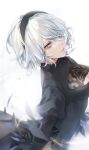  1girl 2b_(nier:automata) black_dress black_hairband commentary_request dress expressionless grey_eyes hairband highres ln looking_at_viewer nier:automata nier_(series) no_blindfold short_hair simple_background solo white_background white_hair 