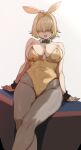  1girl :d ahoge alp animal_ears black_bow black_bowtie black_wrist_cuffs blonde_hair bow bowtie breasts brown_pantyhose covered_navel detached_collar elegg_(nikke) facing_viewer fake_animal_ears goddess_of_victory:_nikke gold_leotard hair_intakes hair_over_eyes highleg highleg_leotard highres large_breasts leotard long_bangs multicolored_hair open_mouth pantyhose playboy_bunny rabbit_ears short_hair shorts simple_background sitting smile solo strapless strapless_leotard two-tone_hair wrist_cuffs 