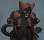 5_fingers anthro bastika bethesda_game_studios black_body black_fur blue_eyes breasts claws clothed clothing exposed_breasts felid feline female fingers fur genitals hand_on_breast hi_res hood jacket khajiit khamira leaning leaning_forward leather leather_clothing leather_jacket leather_topwear looking_at_viewer mammal microsoft nipples presenting presenting_breasts pussy simple_background smile solo tail the_elder_scrolls the_elder_scrolls_online topwear