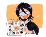  1girl :d abarai_renji arrow_(symbol) black_hair bleach blush_stickers docoe_dot doodle_inset double-parted_bangs drawing_(object) hair_between_eyes happy hirako_shinji holding holding_paper inoue_orihime ishida_uryuu kuchiki_rukia kurosaki_ichigo kurosaki_isshin looking_at_viewer madarame_ikkaku medium_hair open_mouth paper sado_yasutora short_eyebrows simple_background sketch smile smug solo sparkle translation_request two-tone_background upper_body urahara_kisuke v-shaped_eyebrows zaraki_kenpachi |_| 