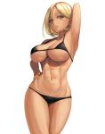  abs arm_behind_head arm_up armpits bangs bare_arms bare_shoulders bikini black_bikini blonde_hair breasts brown_eyes cleavage collarbone eyebrows_visible_through_hair groin hand_on_hip large_breasts legs_together looking_at_viewer micro_bikini navel original parted_bangs parted_lips ranma_(kamenrideroz) shiny shiny_hair short_hair simple_background solo standing string_bikini swimsuit thighs toned white_background 
