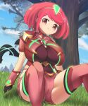 1girl black_gloves blue_sky blush breasts brown_eyes chest_jewel closed_mouth cloud day feet_out_of_frame gem gloves grass green_gemstone impossible_clothes impossible_shirt large_breasts lets0020 looking_at_viewer medium_bangs outdoors pink_shirt pink_shorts pink_thighhighs pyra_(xenoblade) red_eyes red_hair shirt short_hair shorts sitting sky smile solo thighhighs tiara tree under_table xenoblade_chronicles_(series) xenoblade_chronicles_2 