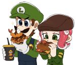  1boy 1girl blue_eyes blue_overalls blue_shirt blush_stickers brown_hair brown_hat burger commentary_request cup curry disposable_cup drinking_straw eating facial_hair food food_in_mouth gloves green_eyes green_hat green_shirt green_sweater hands_up hat highres holding holding_cup holding_food long_sleeves luigi mario_(series) medium_hair mimimi_(mimimim9999) motion_lines mustache octoling octoling_girl octoling_player_character overalls pink_hair pink_nails shirt short_hair shrimp shrimp_tempura simple_background splatoon_(series) star_(symbol) suction_cups super_nintendo_world sweater tempura tentacle_hair upper_body v-shaped_eyebrows waffle white_background white_gloves 