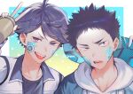  2boys absurdres black_hair blue_background border bow brown_hair collared_jacket gradient_background green_bow haikyuu!! highres hood hoodie iwaizumi_hajime jacket leaf_print looking_at_viewer male_focus multiple_boys oikawa_tooru_(haikyuu!!) open_mouth outside_border portrait purple_eyes sorata_zatta sticker_on_face teeth tongue tongue_out white_border 