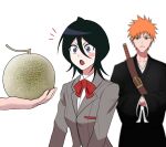  1boy 1girl 1other :o black_hair black_kimono bleach blurry blush_stickers bow bowtie cantaloupe collared_shirt commentary_request cowboy_shot depth_of_field double-parted_bangs food fruit grey_jacket gwao_(_ul_13) hair_between_eyes highres jacket japanese_clothes katana kimono korean_commentary kuchiki_rukia kurosaki_ichigo long_sleeves looking_at_food medium_hair melon notice_lines open_mouth orange_hair red_bow red_bowtie school_uniform shirt short_hair simple_background solo_focus spiked_hair straight_hair surprised sword upper_body weapon white_background white_shirt wide-eyed wide_sleeves 
