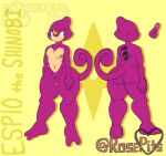  2_toes anthro balls big_butt butt dorsal_fin erection espio_the_chameleon feet fin flaccid genitals hi_res horn lizard male model_sheet navel nipples nude penis purple_body reptile rosepits scalie sega solo sonic_the_hedgehog_(series) tail toes yellow_eyes 