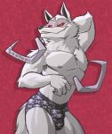  anthro bone bulge canid canine canis clothing death_(puss_in_boots) dreamworks emiwcat hi_res knife male male/male mammal muscular nipples pecs pinup pose puss_in_boots_(dreamworks) red_eyes skeleton solo underwear white_body wolf 