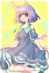  :d animal_ears commentary_request dress flat_chest grey_dress grey_hair high_heels jewelry looking_at_viewer mokokiyo_(asaddr) mouse_ears mouse_tail nazrin open_mouth pendant red_eyes skirt_hold smile solo tail touhou yellow_background 