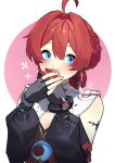  1girl absurdres ahoge blue_eyes blush braid crescent crescent_necklace danjin_(wuthering_waves) eating fingerless_gloves gloves hair_intakes highres jewelry necklace ofuda_earrings pink_background red_hair solo tostantan two-tone_background white_background wuthering_waves 