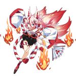  1girl animal_ears blue_eyes detached_sleeves fire folding_fan fox_ears fox_tail full_body hair_between_eyes hair_ornament hand_fan higokumaru holding holding_fan honkai_(series) honkai_impact_3rd japanese_clothes multicolored_hair multiple_tails official_art open_mouth pink_hair red_hair red_socks sandals smile socks solo streaked_hair tail tassel tassel_hair_ornament third-party_source transparent_background 