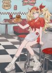  1girl blonde_hair blue_eyes brand_name_imitation budweiser burger checkered_floor collared_shirt cup diner drink drinking_glass employee_uniform food full_body gambier_bay_(kancolle) hat indoors kantai_collection long_hair mai_(maika_04) midriff red_hat red_shirt red_skirt shirt shoes sitting skirt sneakers socks solo stool tied_shirt twintails uniform visor_cap white_footwear white_socks 