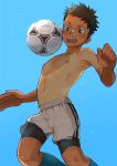  ball bike_shorts blush chest commentary_request male_focus nakayuki_t nipples open_mouth original playing_sports shirtless soccer_ball solo sport sportswear tan tango_(soccer_ball) 