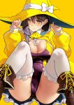  1girl blush boots breasts brown_hair cleavage competition_swimsuit hat highleg highleg_swimsuit highres jacket kekemotsu large_breasts long_hair long_sleeves looking_at_viewer one-piece_swimsuit original solo swimsuit thighhighs witch_hat yellow_background yellow_eyes 