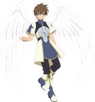  1boy allen_(tales) angel_wings black_pants boots brown_hair feathered_wings full_body highres looking_at_viewer male_focus official_art pants short_hair smile solo tales_of_(series) tales_of_asteria tales_of_link transparent_background transparent_wings wings 
