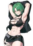  1girl abs absurdres armpits arms_up belt bikini bikini_top_only black_belt black_bikini black_collar black_jacket black_skirt breasts bright_pupils chain collar commission cowboy_shot green_hair highres jacket large_breasts light_blush looking_at_viewer midriff miniskirt navel open_clothes open_jacket original parted_lips short_hair simple_background skirt smile solo standing studded_belt swimsuit teeth thigh_strap toned white_background white_pupils yellow_eyes zeon_(zzeeonn) zipper 