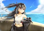  azur_lane black-framed_eyewear black_hair blue_sky breasts cleavage collarbone commentary day glasses highres kimidori3_karla lens_flare long_hair looking_away medium_breasts navel off_shoulder one_side_up red_eyes sky solo stomach twitter_username u-47_(azur_lane) upper_body 