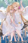  2girls arm_up bare_arms bare_shoulders barefoot blonde_hair blue_eyes bow branch brave_sword_x_blaze_soul breasts brown_eyes character_request closed_mouth commentary_request dress feathered_wings flower hair_between_eyes hair_bow hair_ribbon long_hair multiple_girls official_art purple_bow ribbon rose sekiya_asami sitting sleeveless sleeveless_dress small_breasts smile two_side_up very_long_hair water white_flower white_ribbon white_wings wings yellow_flower yellow_rose 