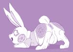  2023 3_toes all_fours anthro anus balls bottomless bottomless_male buckteeth clothed clothing cocampplus feet fur genitals happy hi_res lagomorph leporid looking_at_viewer looking_back looking_back_at_viewer male mammal open_mouth purple_background rabbit simple_background solo spike_chunsoft tail teeth toes topwear topwear_only virtue&#039;s_last_reward white_body white_fur zero_escape zero_iii 