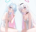  2girls ;d ;o absurdres aged_up arona_(blue_archive) black_choker blue_archive blue_hair bottomless braid breasts camisole choker cleavage collarbone colored_inner_hair grey_hair hair_over_one_eye halo highres long_hair looking_at_viewer medium_breasts mofu07519 multicolored_hair multiple_girls one_eye_closed pink_hair plana_(blue_archive) single_braid smile straight_hair strap_slip two-tone_hair very_long_hair white_camisole 