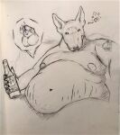  5_fingers alcohol alcohol_bottle anthro aroused balls becoming_erect becoming_flaccid beer beer_bottle belly_overhang beverage big_moobs binbow bodily_fluids bottle bubble bull_terrier canid canine canis container domestic_dog drunk drunk_bubble fingers genital_fluids genitals guide_lines hatching_(art) heart_symbol heart_tattoo hi_res holding_beverage holding_object hunting_dog looking_at_viewer love_handles male mammal melee_weapon moobs motion_lines nipples penis precum shaded sitting sitting_on_furniture small_penis solo stretch_marks substance_intoxication sword tattoo terrier traditional_media_(artwork) weapon 