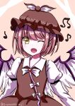  1girl absurdres animal_ears beamed_eighth_notes bird_ears bird_wings brown_dress brown_hat collared_shirt dress eighth_note hat highres long_sleeves musical_note mystia_lorelei one_eye_closed open_mouth pink_hair quarter_note shirt short_hair sleeve_garter smile solo suzuzora_niji touhou upper_body white_shirt white_wings winged_hat wings yellow_eyes 